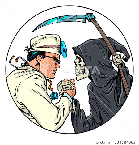 Pop Art Retro Death and the doctor fight each other. Arm wrestling between opposites. Protecting the patient's health. 133584063