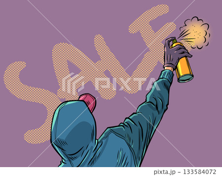Pop Art Retro A man in a cap and a sweater sprays a can of paint. The appearance of advantageous offers, discounts and promotions, sales. Advertising of small prices for customers. 133584072