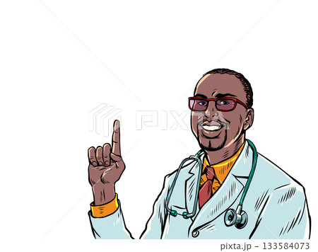 Pop Art Retro Male black doctor shows index finger up. Advertisement of medical services business. Recommendation from professional doctor. 133584073