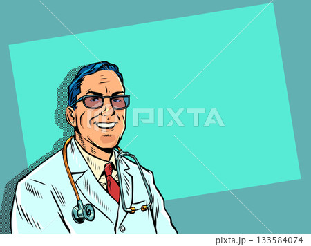 Pop Art Retro Male doctor smiling and looking at camera. Advertisement of medical services business. Recommendation from a professional doctor. Pop Art Retro Male doctor smiling and looking at camera. Advertisement of medical services business. Recommendation from a professional doctor. 133584074