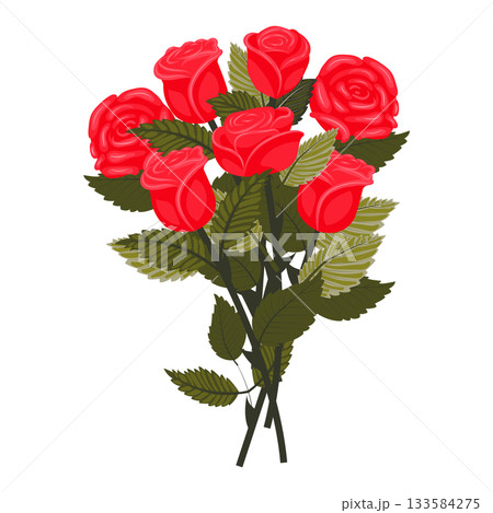 A bouquet of bright red roses on long stems. 133584275