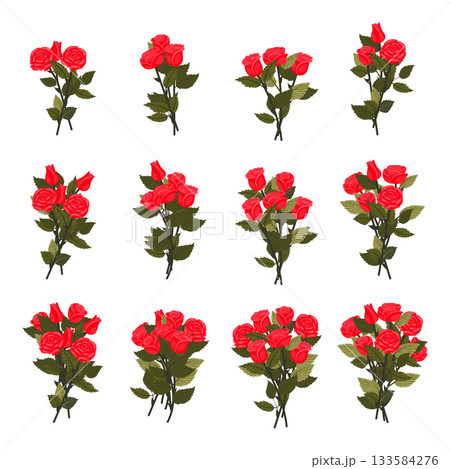 A bouquet of bright red roses. A large set of bouquets for your design. Vector illustration on a white background. 133584276