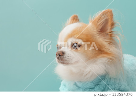 Chihuahua dog in clothes on a blue background. Chihuahua dog in clothes on a blue background. 133584370
