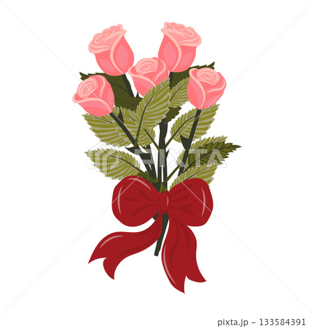 A bouquet of pink roses tied with a red ribbon and a bow. 133584391