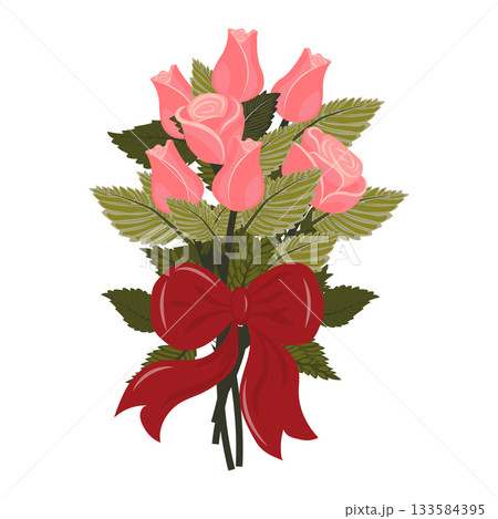 A bouquet of pink roses tied with a red ribbon and a bow. A bouquet of pink roses tied with a red ribbon and a bow. 133584395