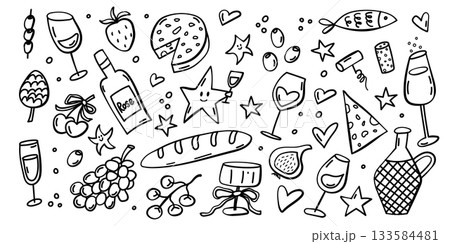Wine and snacks doodle set with glasses cheese and grapes 133584481
