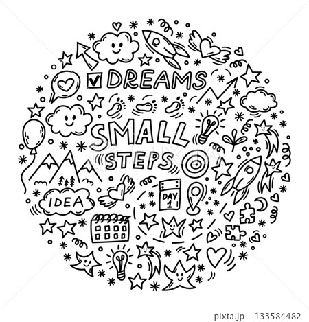 Motivational small steps doodle circle with stars ideas and goals Motivational small steps doodle circle with stars ideas and goals 133584482