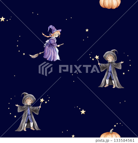 Seamless pattern for Halloween with wizard in a hat and cloak with a magic wand with stars, fairy or witch on a broomstick, pumpkin and stars. Hand drawn fantasy repeat illustrations for kids' design 133584561