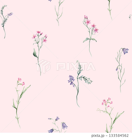 Watercolor seamless pattern white background - illustration with green leaves, pink blue purple buds and branches. Wildfield herbs flowers. Wedding invites, fashion, prints, backgrounds. Wildflowers Watercolor seamless pattern white background - illustration with green leaves, pink blue purple buds and branches. Wildfield herbs flowers. Wedding invites, fashion, prints, backgrounds. Wildflowers 133584562