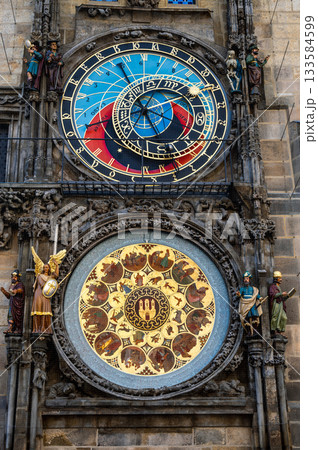 Prague, czech republic, august 9, 2023. Prague astronomical clock face with complex mechanisms, depicting zodiac signs, seasons, and christian calendar 133584599