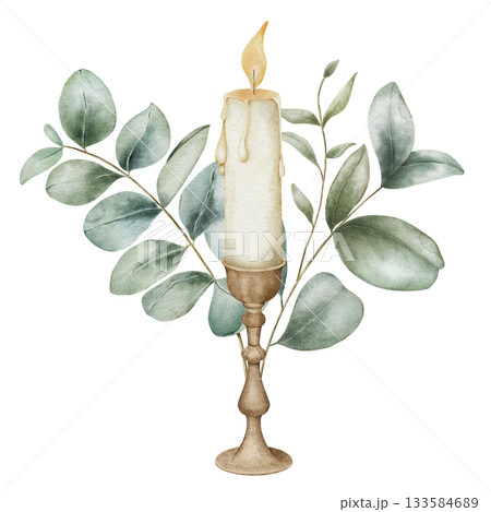 Watercolor illustration of a burning candle with wax drips in a vintage copper candlestick, decorated with eucalyptus branches, isolated on white background. Perfect for candle makers, holiday decor 133584689