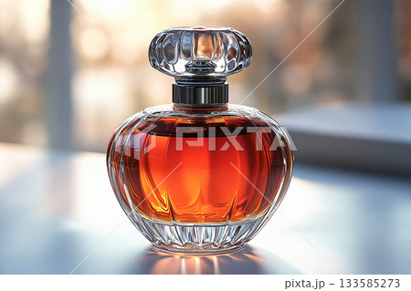 Perfume bottle with glossy on its glass surface, conveying elegance and sophistication. Ideal for high-end perfume advertisements. 133585273
