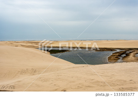 Dunes and lagoons of Atins, Lencois Maranhenses, Barreirinhas, Brazil. White sand dunes with pools of fresh water Dunes and lagoons of Atins, Lencois Maranhenses, Barreirinhas, Brazil. White sand dunes with pools of fresh water 133585377