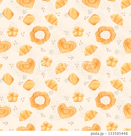 Watercolor seamless pattern with pastries in cozy hand-drawn style isolated on light background. Watercolor seamless pattern with pastries in cozy hand-drawn style isolated on light background. 133585448