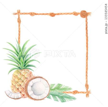 Tropical watercolor rope frame with pineapple, coconut and banana leaves isolated on white. Exotic fruits botanical border. 133585454