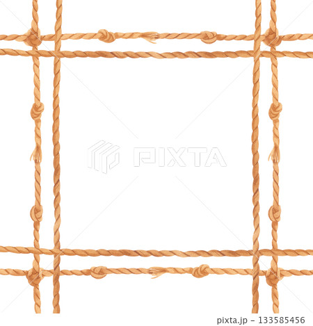 Watercolor marine rope frame with sailor knots. Square nautical clipart border isolated on white background. 133585456