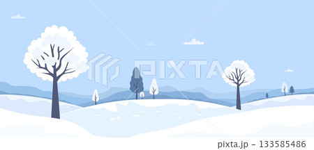Winter Landscape with Snowy Trees and Hills. Calm Seasonal Nature. Minimal flat winter-time horizontal background banner. Vector illustration. Not AI 133585486