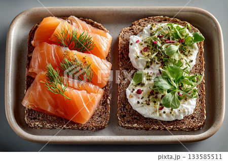 Hotel Breakfast Style. Smoked salmon and cream cheese on whole-grain toast. Keto friendly breakfast. Menu design. Top view. 133585511