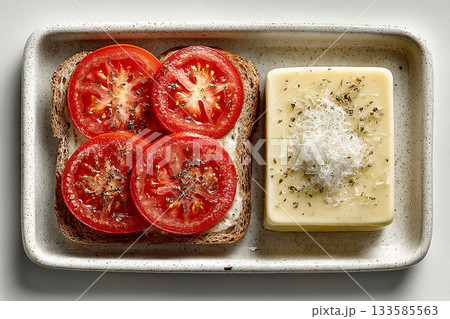 Comfort eating. Spanish desayuno. Churros, pan con tomate and manchego cheese in plate. Menu design. Top view. 133585563