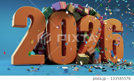 Vibrant 2026 New Year Celebration With Large Orange Numbers, Confetti and Gift Boxes 133585576