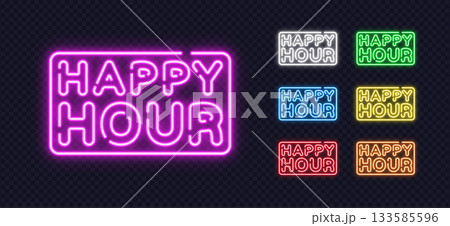 Glowing neon Happy Hour signs in multiple...のイラスト素材 [133585596] - PIXTA