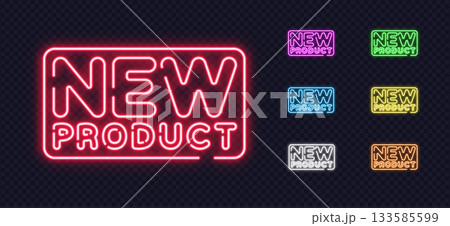 Glowing neon New Product signs in vibrant colors on a transparent background. Perfect for promoting launches, announcements, and modern digital campaigns. 133585599