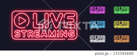 Set of glowing neon Live Streaming signs in multiple colors on a transparent background. Perfect for advertising shops, restaurants, and modern digital promotions. Set of glowing neon Live Streaming signs in multiple colors on a transparent background. Perfect for advertising shops, restaurants, and modern digital promotions. 133585600