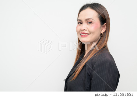 Smiling Happy Asian Business Woman Profile Studio Portrait on White Background 133585653