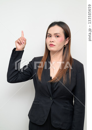 Asian Business Woman Pointing Finger Studio Portrait on White Background 133585659