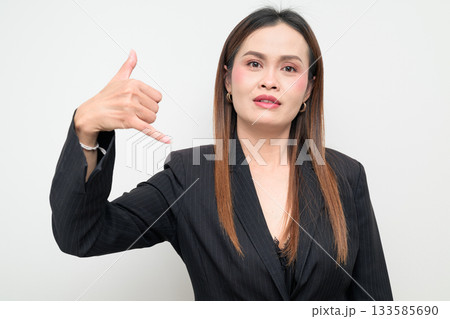 Asian Business Woman Shaka Gesture Studio Portrait on White Background Asian Business Woman Shaka Gesture Studio Portrait on White Background 133585690