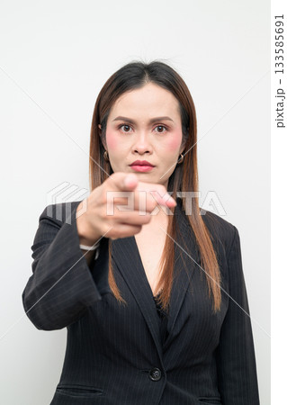 Asian Business Woman Pointing at You Studio Portrait on White Background 133585691