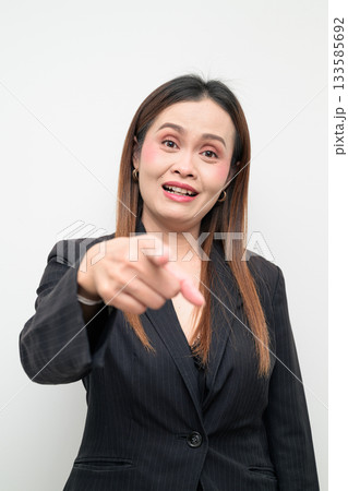 Asian Business Woman Pointing at You Studio Portrait on White Background 133585692