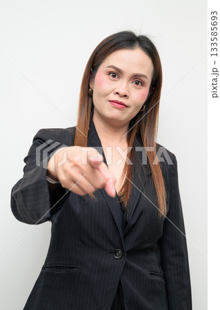 Asian Business Woman Pointing at You Studio Portrait on White Background 133585693