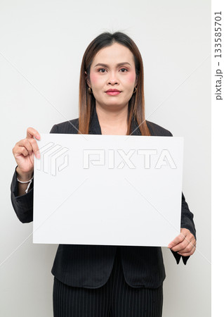 Asian Business Woman Studio Portrait on White Background Holding Empty Placard Asian Business Woman Studio Portrait on White Background Holding Empty Placard 133585701