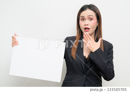 Asian Business Woman Studio Portrait on White Background Holding Empty Placard Asian Business Woman Studio Portrait on White Background Holding Empty Placard 133585705