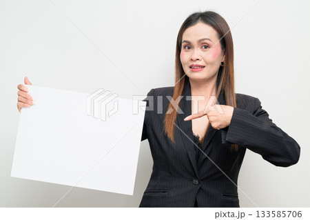 Happy Smiling Asian Business Woman Studio Portrait on White Background Holding Empty Board 133585706