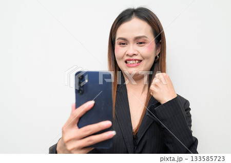 Professional Asian Business Woman Studio Portrait on White Background Using Phone 133585723