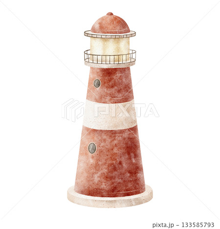 Lighthouse red tower architecture. Hand-drawn watercolor illustration in children's nautical style. Clip art is isolated from background for design postcards, posters, packaging, invitations cards Lighthouse red tower architecture. Hand-drawn watercolor illustration in children's nautical style. Clip art is isolated from background for design postcards, posters, packaging, invitations cards 133585793