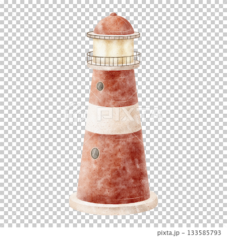 Lighthouse red tower architecture. Hand-drawn watercolor illustration in children's nautical style. Clip art is isolated from background for design postcards, posters, packaging, invitations cards Lighthouse red tower architecture. Hand-drawn watercolor illustration in children's nautical style. Clip art is isolated from background for design postcards, posters, packaging, invitations cards 133585793