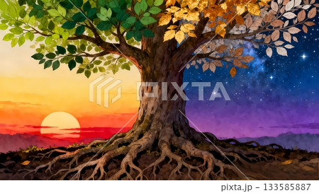 昼と夜、明と暗、陰と陽、潜在意識と顕在意識　などを樹木で表したイラスト 133585887