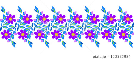 Magic seamless border of flowers Bright dark plant ornament. Purple blue flowers on black background 133585984