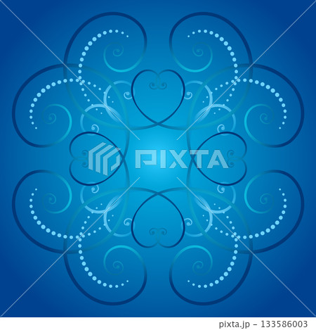 Elegant design element of blue curls on gradient blue background. Water vector illustration. Ethnic folk ornament in nordic style. Monochrome ornamental decor of swirls. Winter holiday decor. 133586003