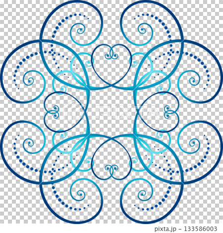 Elegant design element of blue curls on gradient blue background. Water vector illustration. Ethnic folk ornament in nordic style. Monochrome ornamental decor of swirls. Winter holiday decor. 133586003