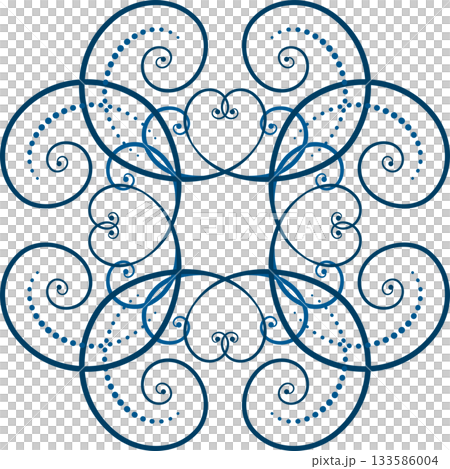 Elegant design element of blue curls on white background. Frost pattern on the window. Ethnic folk ornament in nordic style. Monochrome ornamental decor of swirls. Winter holiday decor. 133586004