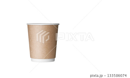 cardboard glass of brown color, for coffee or tea on an isolated white background 133586074