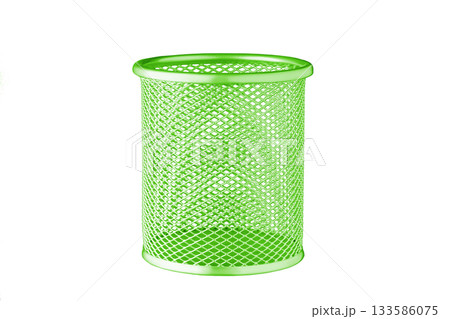 metallic Glass of green color for stationery, pencils, pens, scissors, ruler, on an isolated white background 133586075