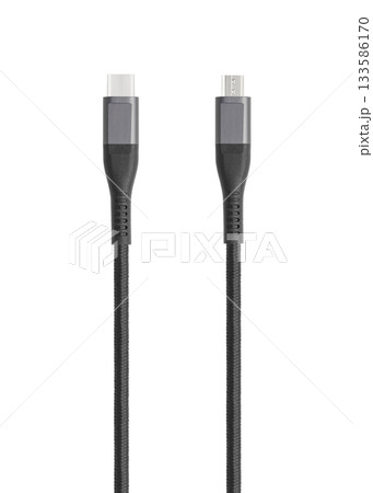 Black cable for charging and synchronization with Type - C, USB, Micro USB, Lightning connectors on a white background Black cable for charging and synchronization with Type - C, USB, Micro USB, Lightning connectors on a white background 133586170