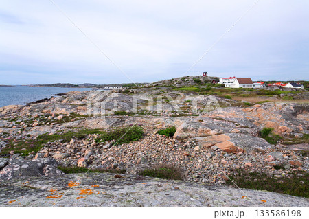 Church on peaceful car-free Vrango island with seaside village in Gothenburg archipelago, Sweden 133586198