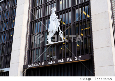 The National Bank of Belgium next to Cathedral of St. Michael and St. Gudula on May 20, 2025 in Brussels, Belgium. 133586209