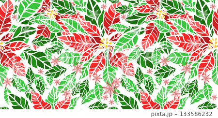 Seamless Christmas background with flower and Christmas star. Hand drawn. Not AI, vector illustration. 133586232